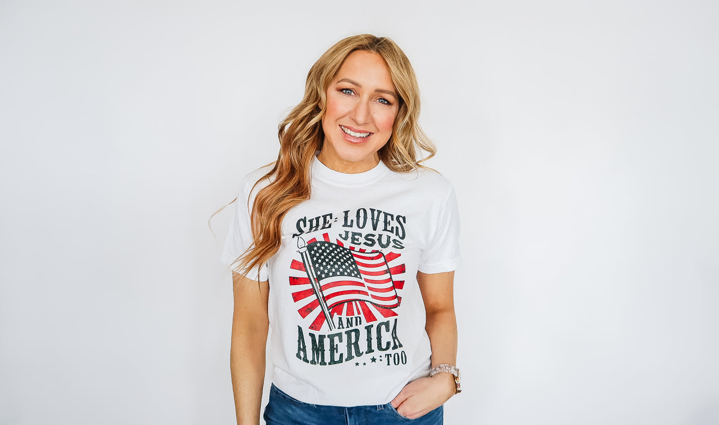 She Loves Jesus American Too Shirt - Unisex