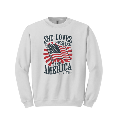 She Loves Jesus America Too Crewneck Sweatshirt - Unisex