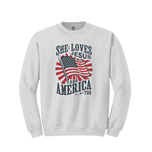 She Loves Jesus America Too Crewneck Sweatshirt - Unisex